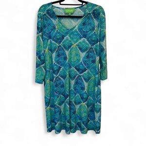 Pappagallo jersey knit stretch midi dress‎ blue green floral paisley 1X